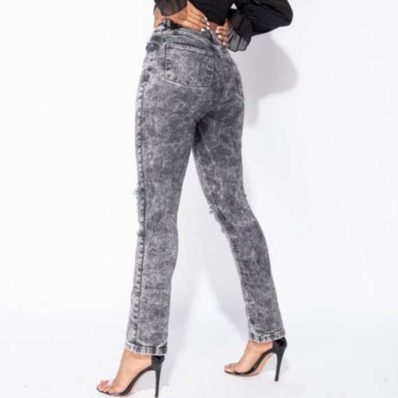 Gray Acid Wash High Waist Ripped Distressed Straight Leg Jeans Denim Pants - Picture 8 of 15